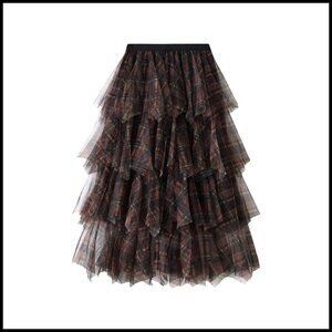 Tulle Mesh Plaid Skirt High Waist A Line Tiered Ruffle Long Skirt